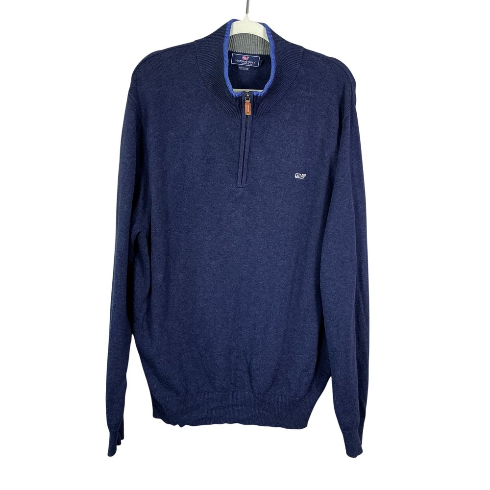 Vineyard Vines Mens Navy Blue Cotton Quarter Zip Pullover Sweater Size XL